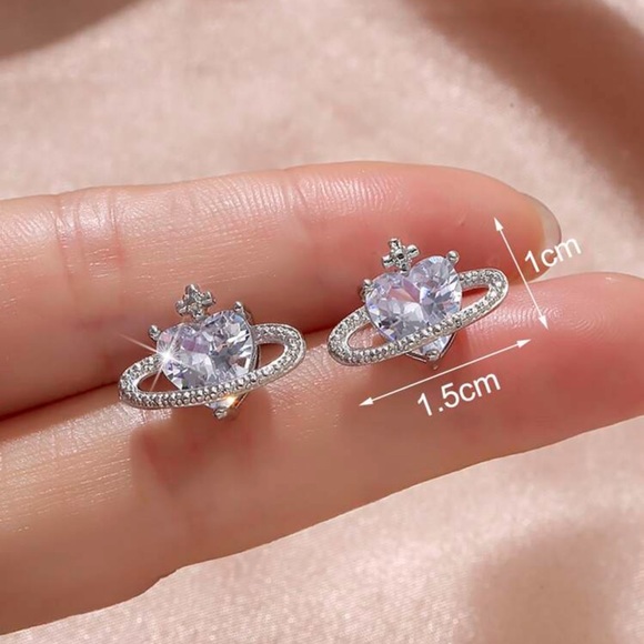 Retro Rhinestone Planet, Saturn, Stud Celestial Silver tone Glam, Earrings - Picture 3 of 4